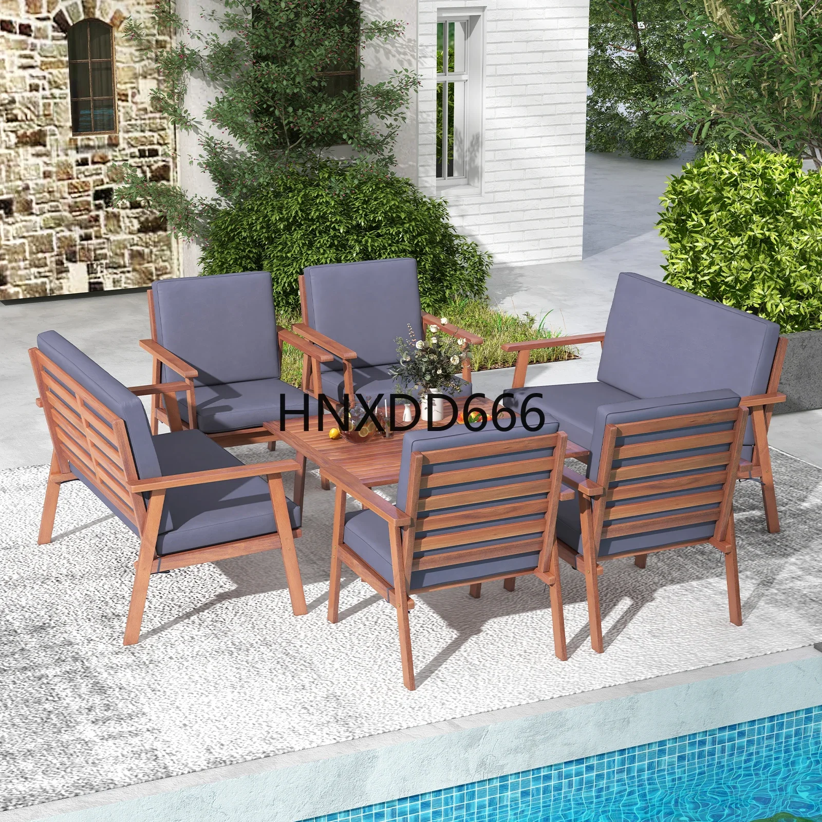 8 PCS Patio Conversation Set Acacia Wood Sofa Coffee Table with Cushioned Seat Grey