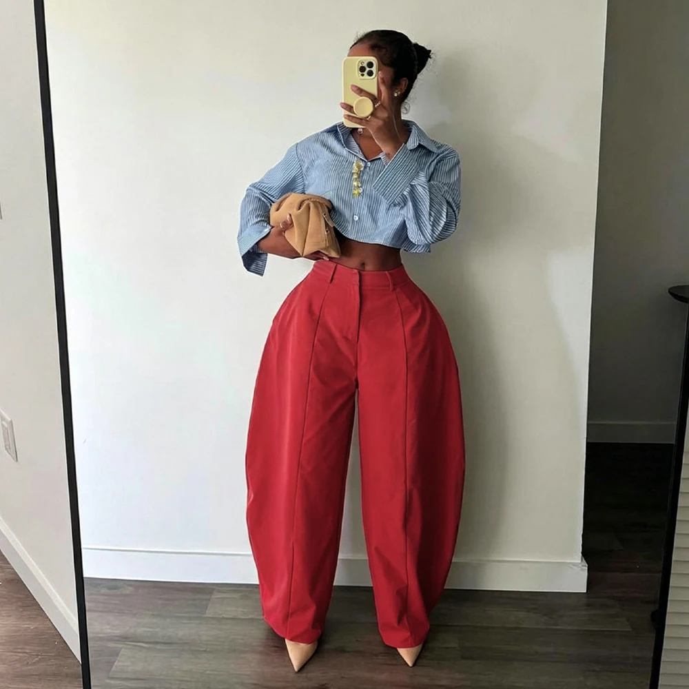 2026 Herbst Damen High-Waist Vertikale Naht Ballonhose Lose Weite Hose mit Knopf- und Reißverschluss Modische Streetwear Pendlerhose – Detail 5