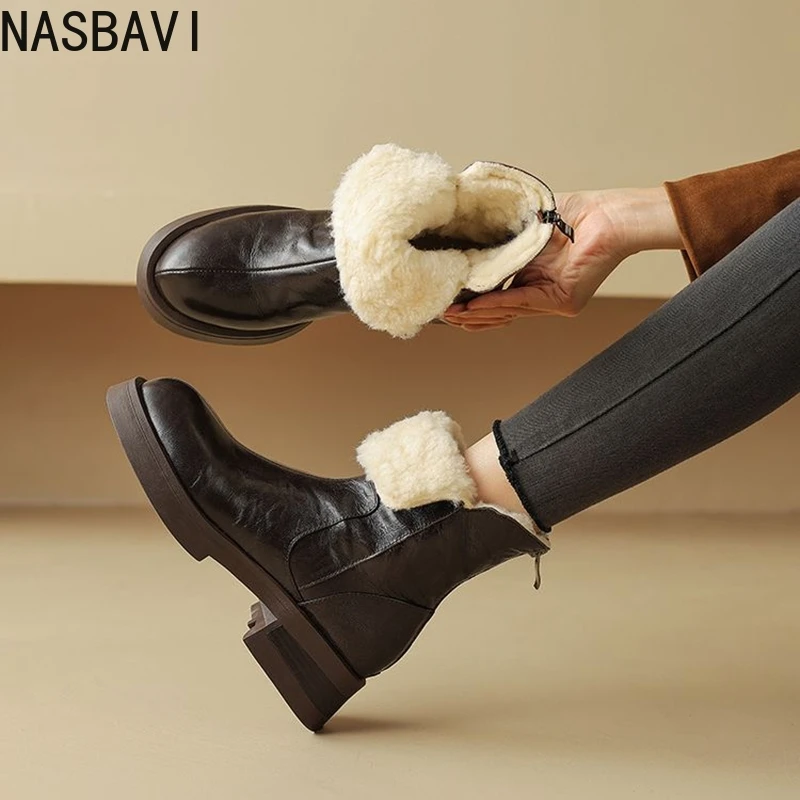 

NEW Winter Women Boots Genuine Leather Shoes for Women Round Toe Chunky Heel Shoes Wool Blend Modern Boots Zipper Platform Shoes