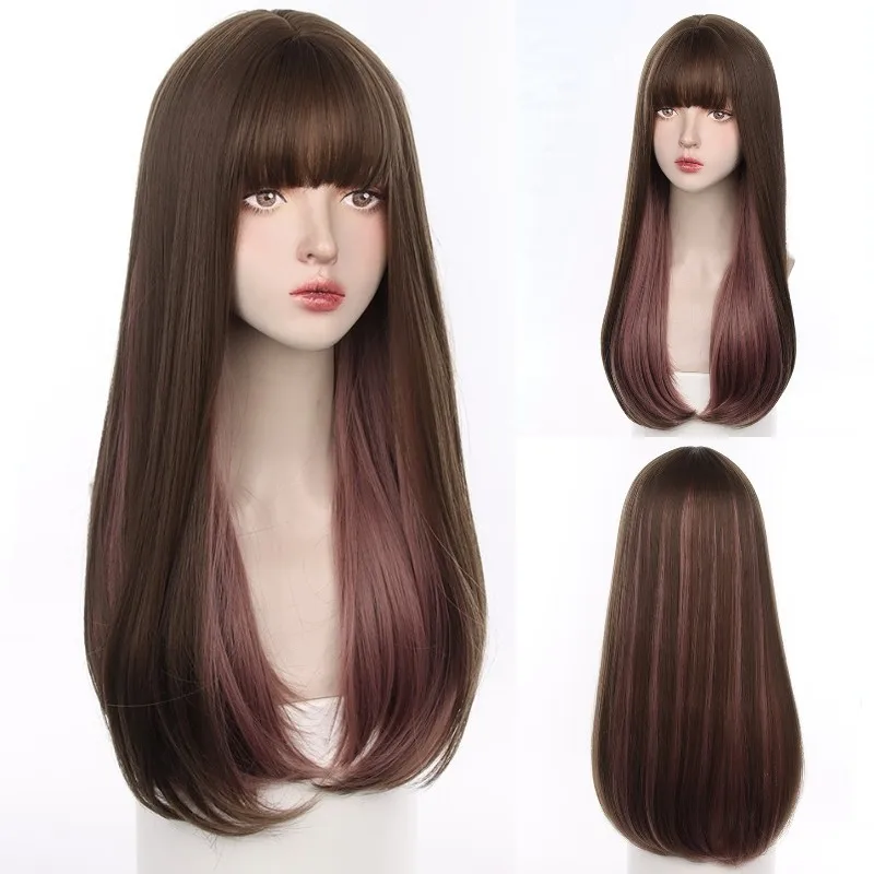 VICWIG Synthetic Long Straight Hair Pink Lolita Wig Highlighting Blue Heat-Resistant Cosplay Wigs With Bangs For Women