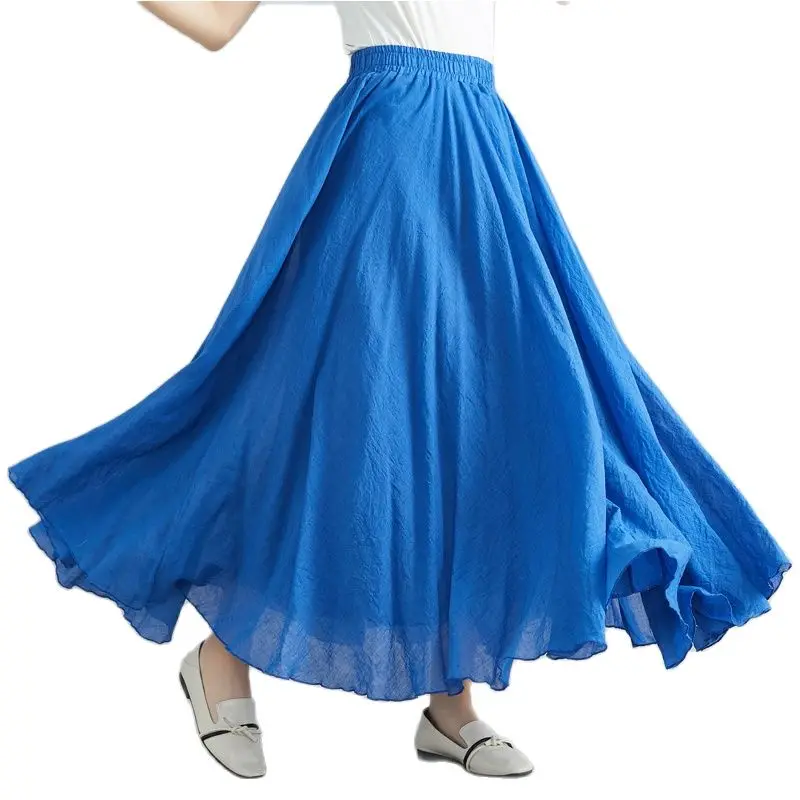 Summer Linen Cotton Skirt Women Literary Style Solid Elegant Long Skirt Elastic Waist Umbrella-type A-line Skirts 19 Colors