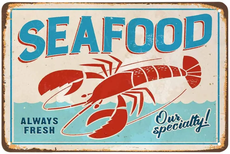 Seafood Shop Tin Sign,Grunge Poster with Lobster Vintage Metal Signs for Cafes Bars Pubs Wall Decorative Funny Retro Men Women