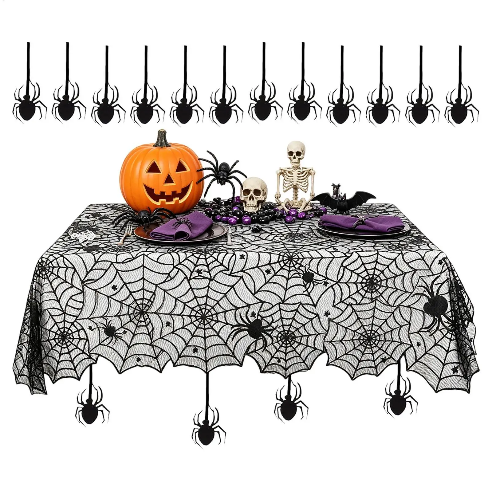 Black Table Runner Gothic Seasonal Tablecloth with Spiders Halloween Decor Dinner Table Runner for Movie Night Masquerade Escape