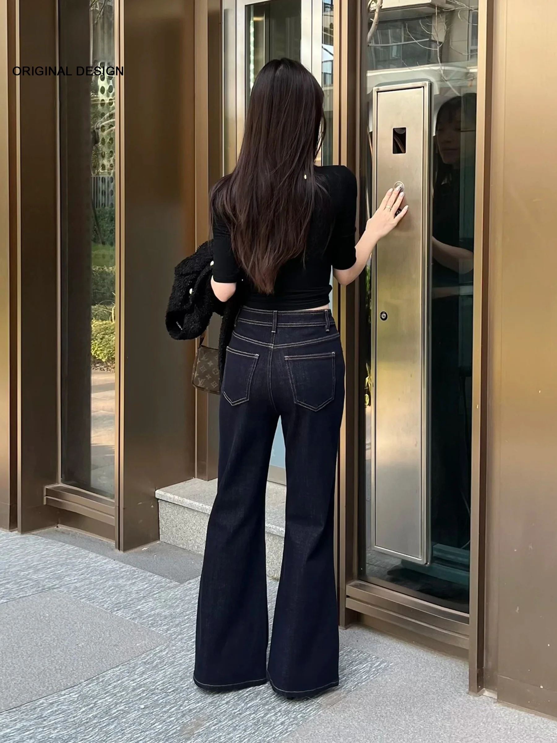 

Джинсы-клеш с высокой талией для женщин, американский дизайн, свободные, стройнящие брюки, весна-лето, повседневная мода