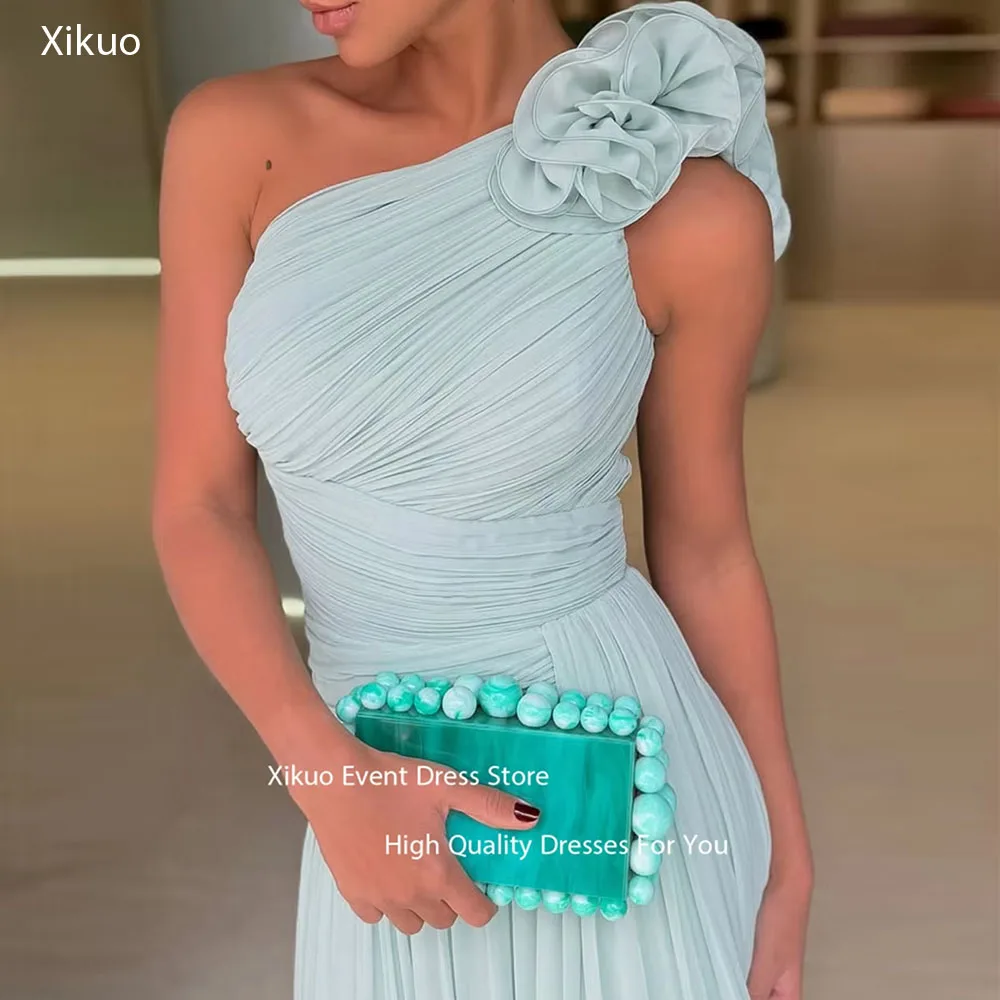Xikuo-preciosos Vestidos de Noche de un hombro, vestido de fiesta fruncido con flores en 3D, Vestidos de gasa Para Eventos Especiales personalizados