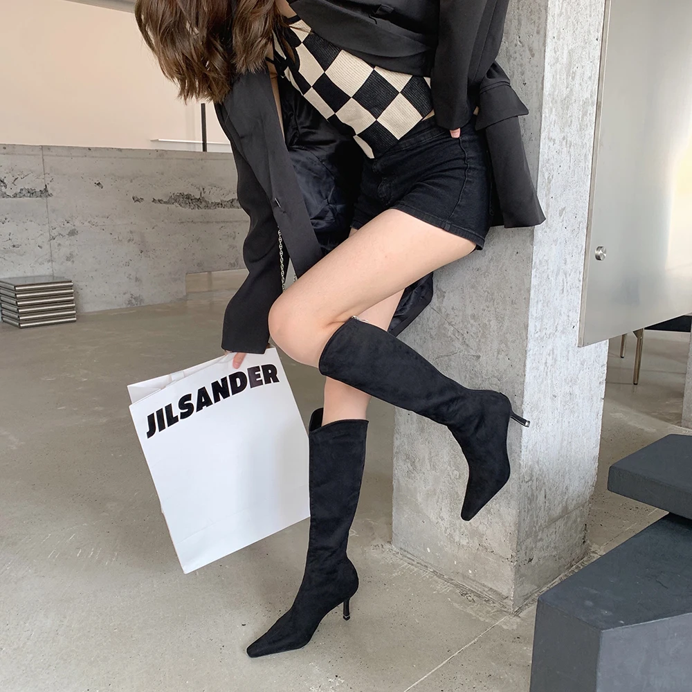 Pointed Toe Women Knee High Boots 2023 Chelsea Booties Thin High Heels Back Zipper Flock Black Beige Dress Shoes Winter Pumps