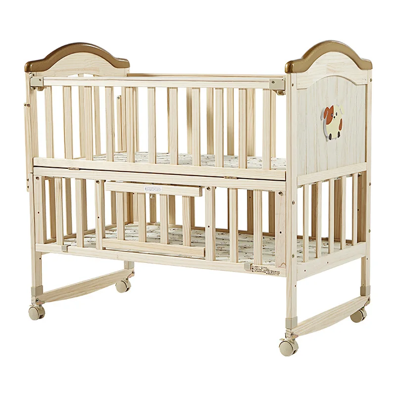 

Crib solid wood unpainted multifunctional baby bed newborn log cradle splicing big in bed sleep with mother fence