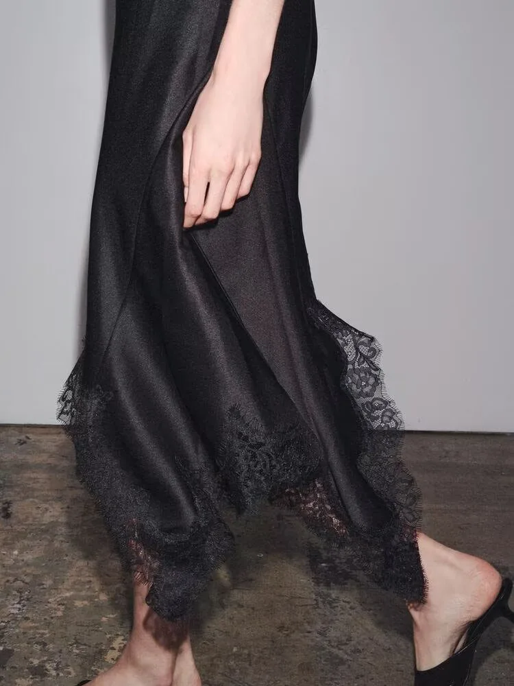 High Street Dark Tanks Women's Summer New Sexy Backless Lace Embellished Satin Textured Streetwear Party Dress