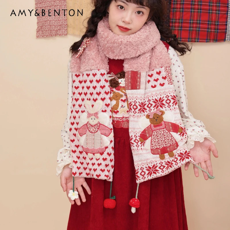 

2025 Autumn Winter New Original Retro Design Pink Girl Spicing Embroidered Animal Crochet Plush Sweet Cute Playful Scarf Ladies