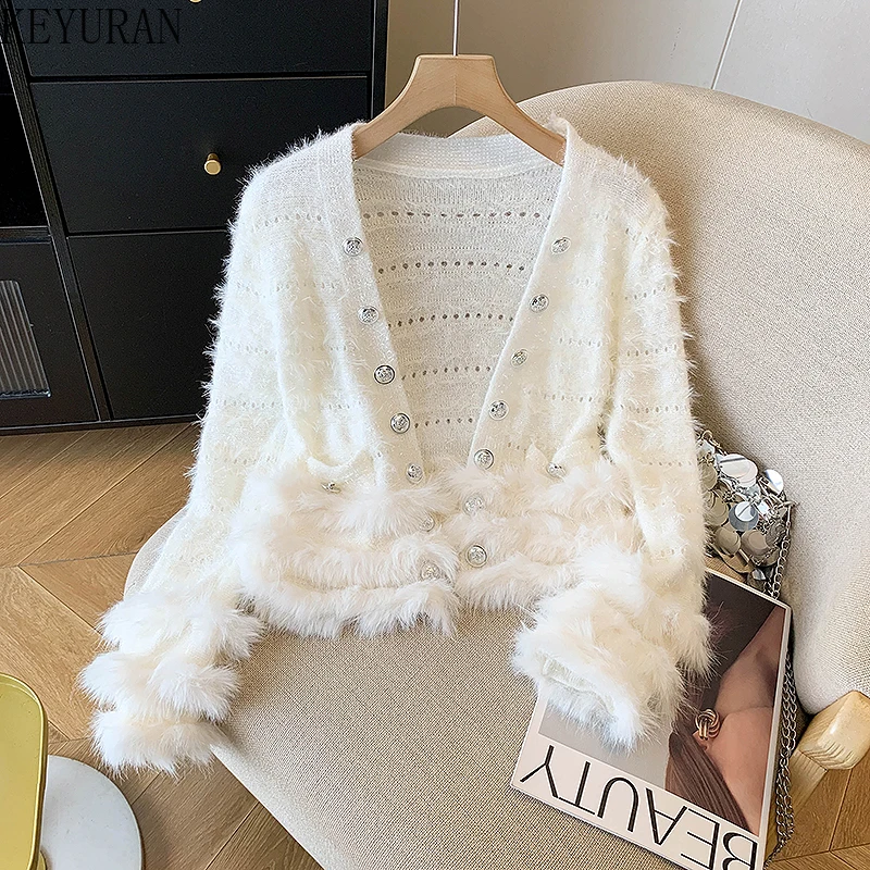 

2025 Autumn Winter New Korean Fur Knitted Short Cardigan Women Vintage V-Neck Long Sleeves Double Breasted Female Sweaters Coat