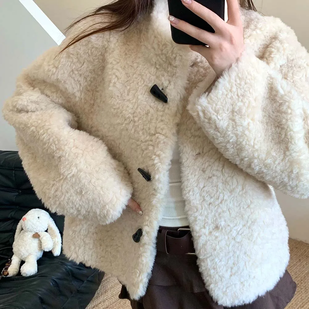 Lamb Fur Crop Coats Women Long Sleeve Button Vintage Jacket Fall Winter All Match Thick Warm Preppy Outwear