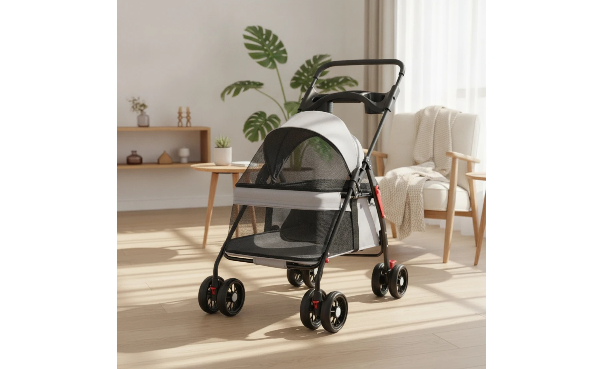 Pet Stroller with Storage Basket 4-Wheel Foldable Pet Stroller Collapsible Breathable for Small Dogs, Outdoor Walks, Travel