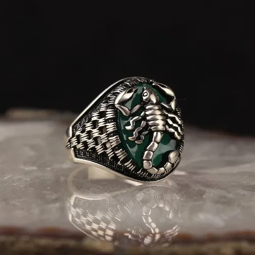 Tesbihevim Agate Stone Scorpion Pattern 925 Sterling Silver Men 'S Ring