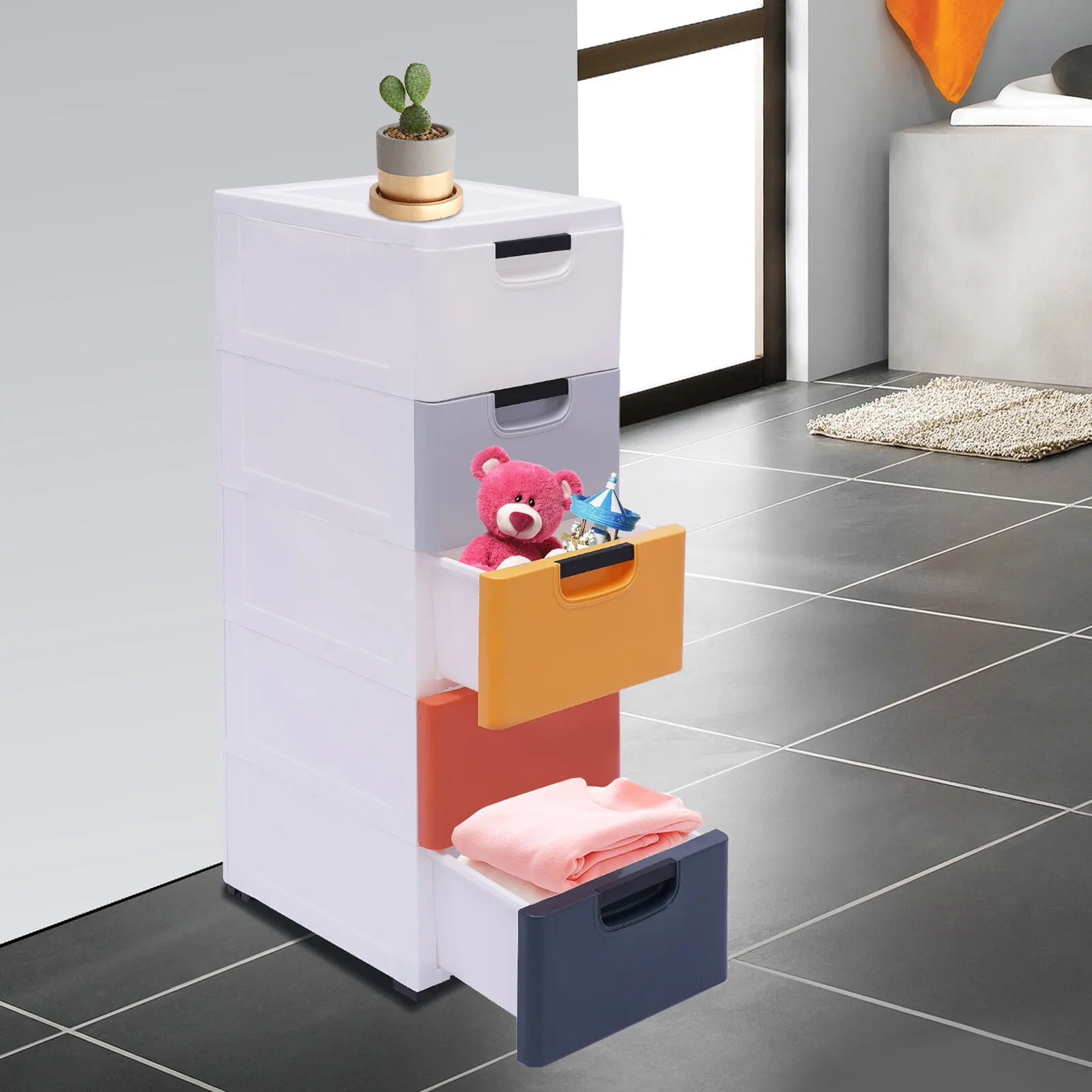 

4 Wheel 5 Drawers Dresser Morandi Plastic Clothes Storage Cabinet Stackable5Tier