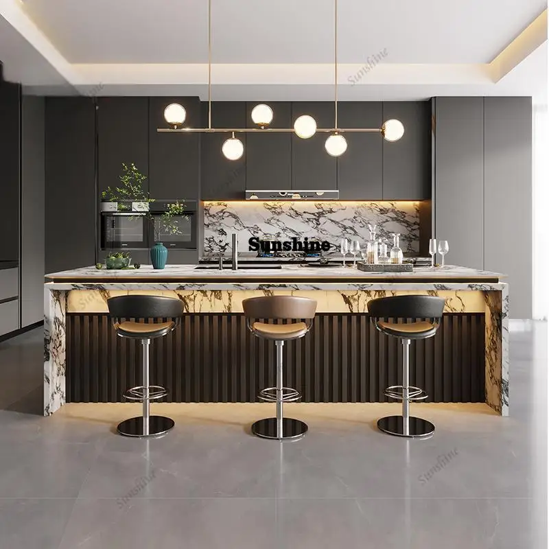 Luxury Kitchen Island with Dining Table, Calala white Stone Breakfast Bar & Countertop, Stain Resistant & Durable, Modern