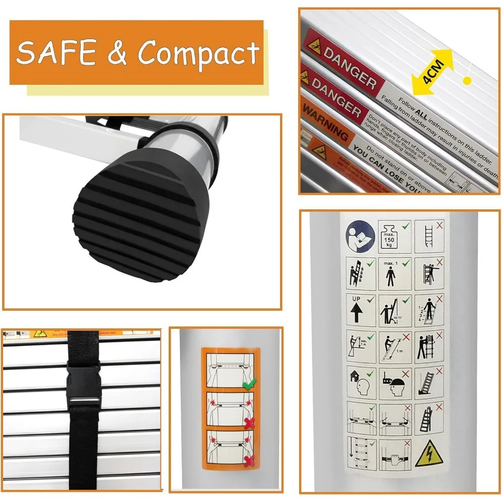 سلم ألومنيوم قابل للطي بطول 16.4 قدم مع خطافات، سعة 12 خطوة، سعة 330 رطل، محمول وسهل التخزين للاستخدام المنزلي #6