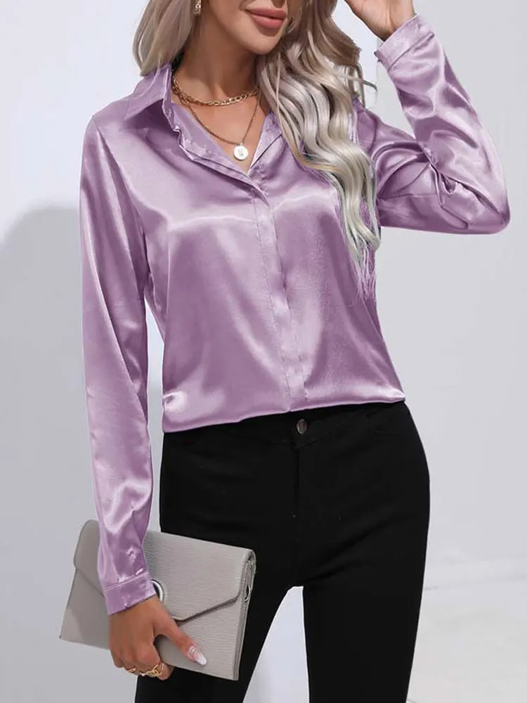 Loose Shirts For Women 2023 Spring Summer Satin Shirt Women V Neck Long Sleeve Office Shirt Blouses Ladies Black White Silk