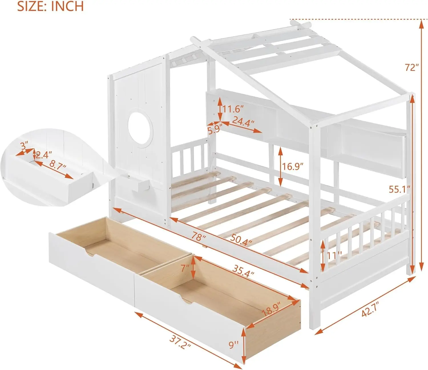 سرير منزلي مزدوج الحجم مع أدراج تخزين، أرفف، سقف، أبيض