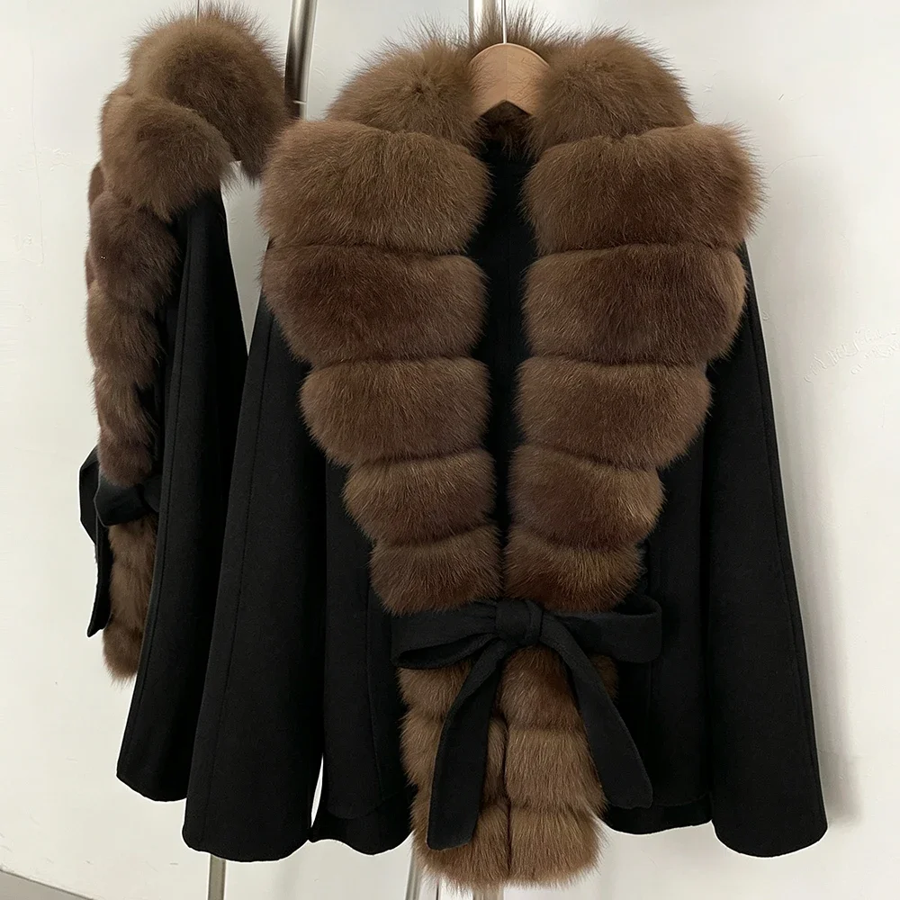 OFTBUY Damenmantel aus 100 % Wolle, neuer, warmer Wollmantel für den Winter, mit echtem Fuchspelzkragen, Revers und Gürtel, Wolljacke für Damen. – Detail 13