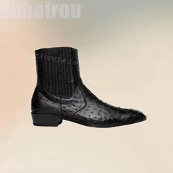 Black Ostrich Print Mid Calf Pointed Toe Boots Fashion Slip On Men Boots Luxurious Handmade Party Banquet Office Men Dress Shoes