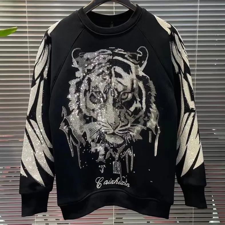 2025 Autumn Winter New Fashion Trend Heavy Rhinestone Round Neck Sweatshirt Black Loose Casual Long Sleeve T-Shirt for Men