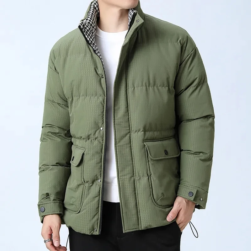 Thicken Warm Parkas Winter Solid Color Plaid Casual Jacke Fashion Stand Collar Coat Korean Mens Loose Cotton-Padded Jacket M-5XL