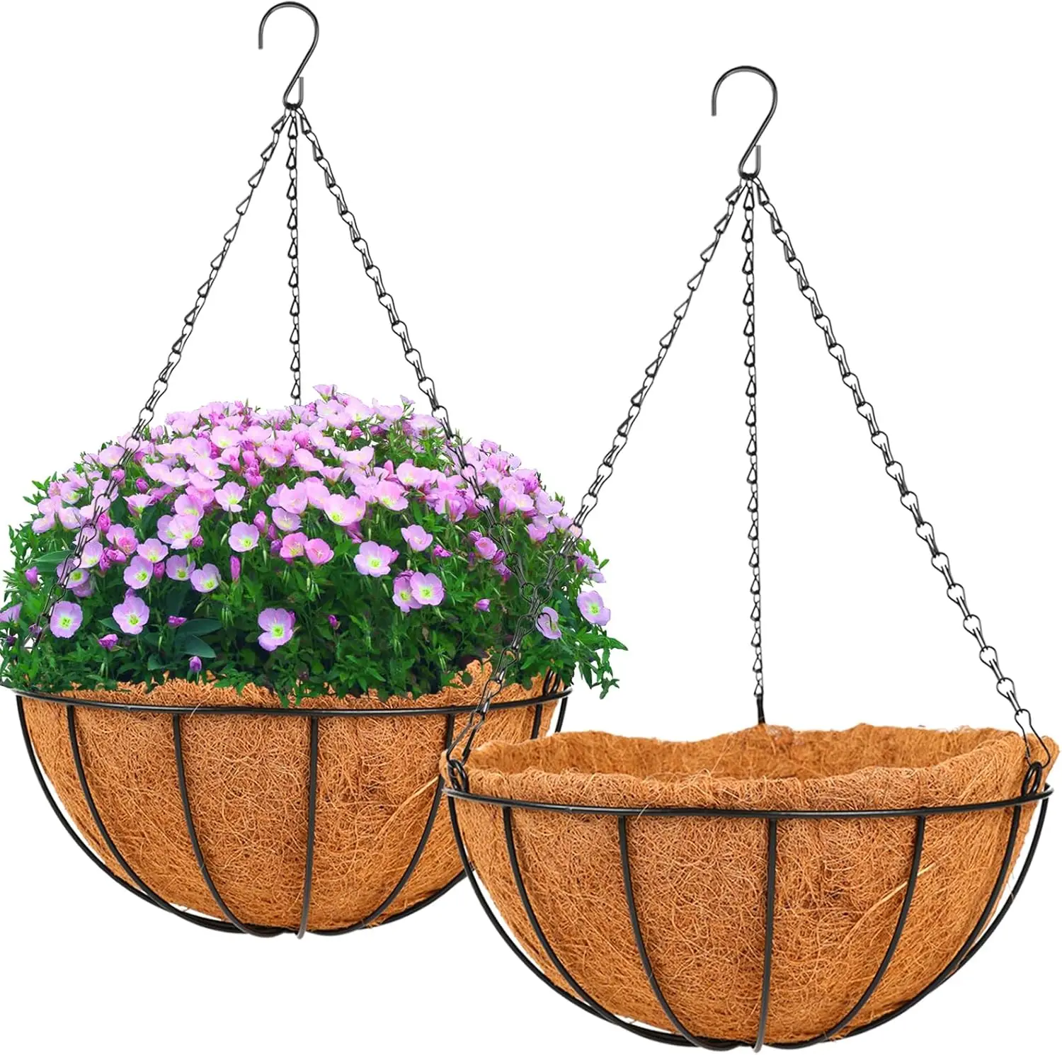 

Набор из 2 металлических подвесных кашпо 14 дюймов с кокосовыми вкладышами и цепным крюком для декора сада, веранды, дома и улицы