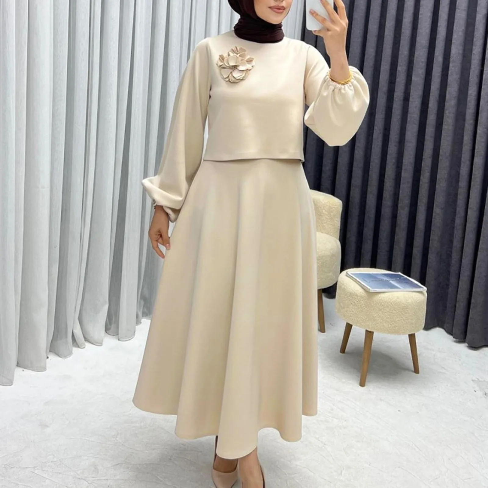 Muslim Elegant 2 Piece Set Women Lantern Sleeve Flower Crop Top High Waist A-line Skirt Suit 2024 Spring Lady Abaya Turkey Sets