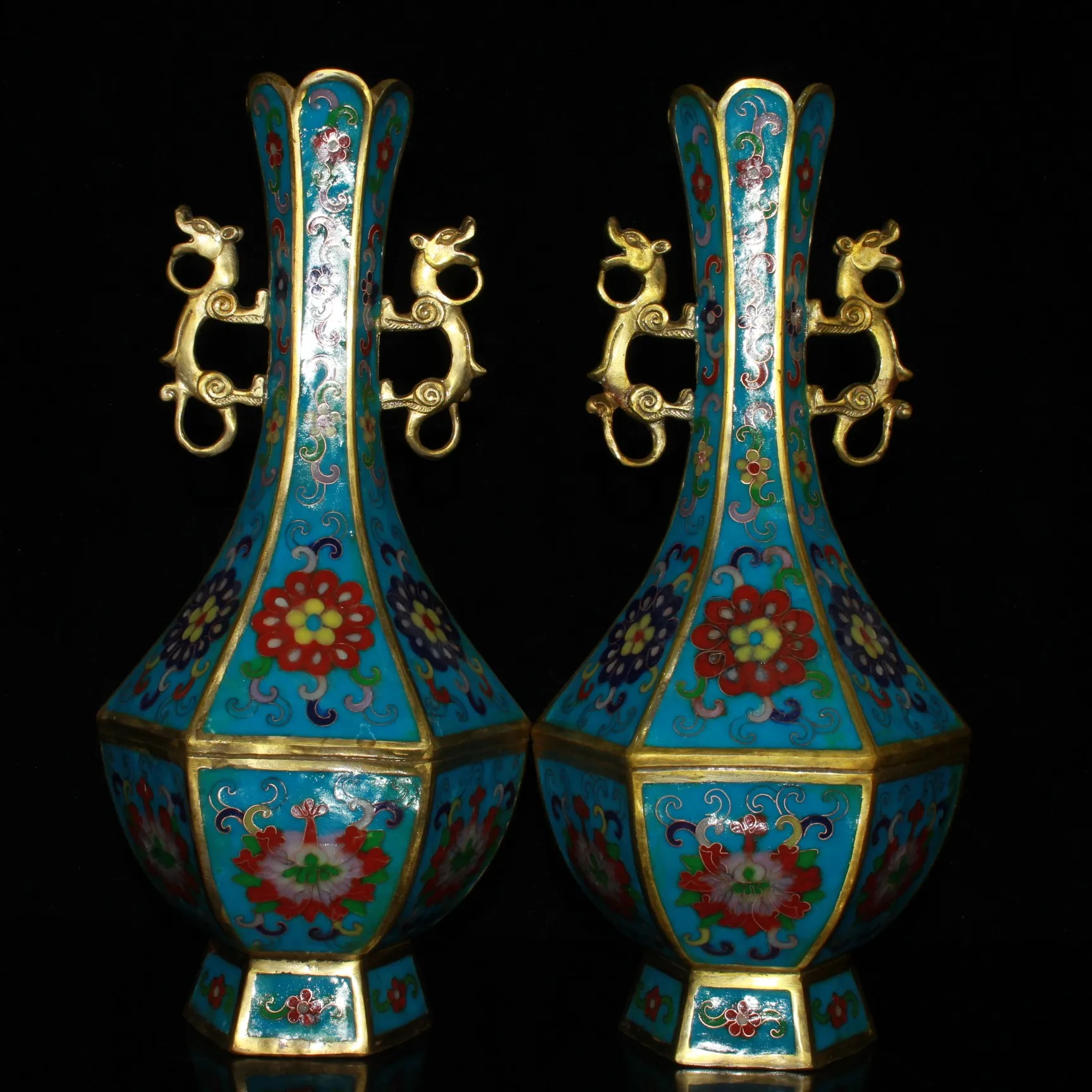 

14"Tibetan Temple Collection Old Bronze Cloisonne Enamel Floral Texture Dragon Ear Hexagonal Vase A pair Ornaments Town house