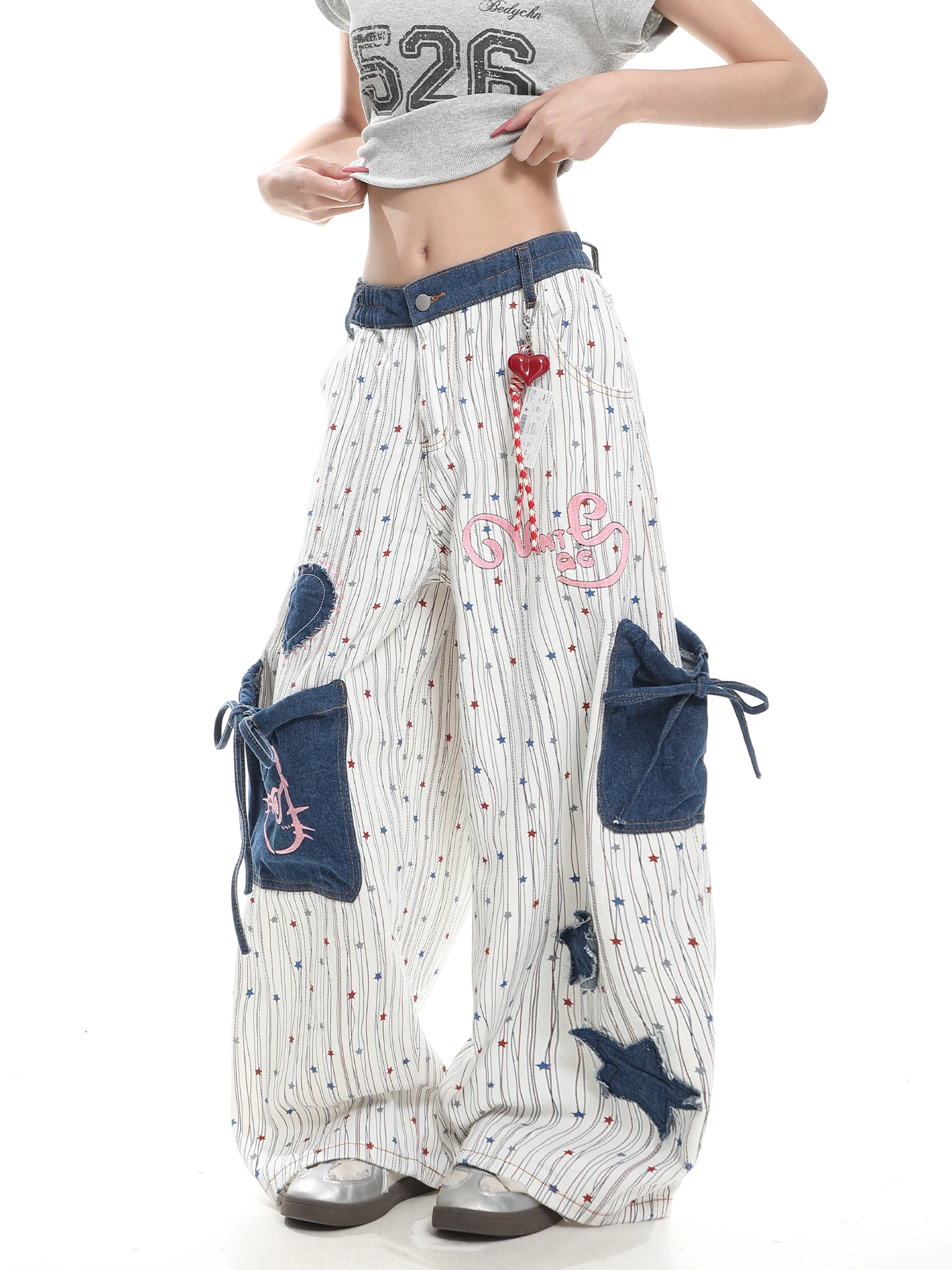 American Style High Waist Wide Leg Casual Pants Women Summer Loose Versatile Multi Pocket Workwear Long Trousers Embroidery P...