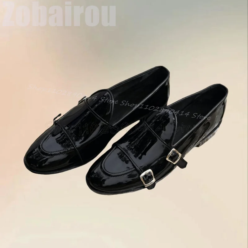 

Black Buckle Decor Double Monk Patent Leather Loafers Fashion Slip On Men Shoes Luxurious Handmade Party Office Men Dress Shoes