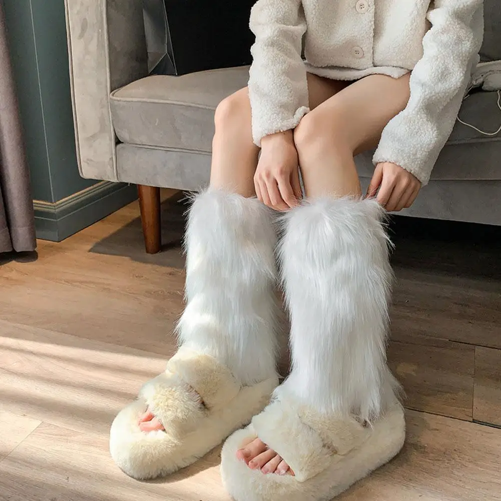 Calentadores de piernas de piel Artificial para mujer, calcetines de punto blancos y negros de otoño e invierno de Lolita japonesa, calentadores de piernas para mujer