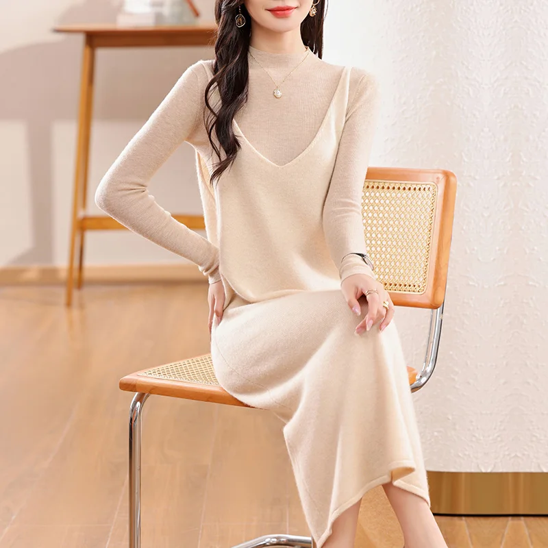 100% wool women's knitted vest, long, round neck, suspenders, fashionable, popular, 2024 autumn and winter new style