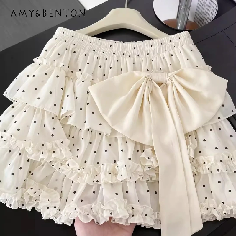

Women's Polka Dot Lace Splicing Cute Bow Ruffle Mini Skirt High Waist Sweet Cool Y2K 2026 Summer New Casual Cake Skirts Ladies