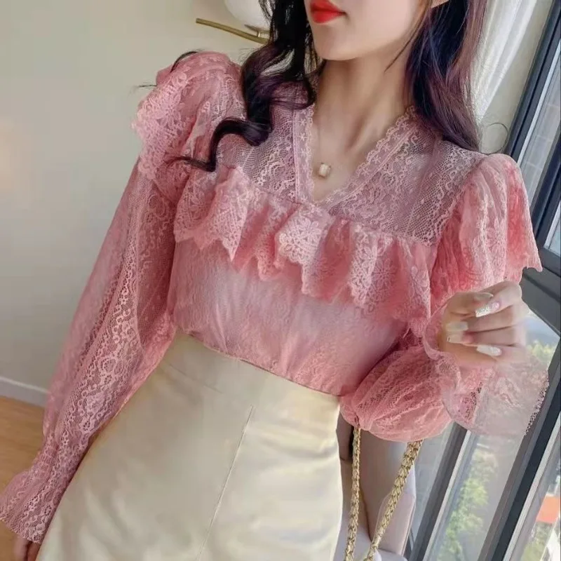 Women Stylish Sexy See Through Lace Ruffles Blouses Elegant Chic V Neck Slim Shirts Female Solid Long Sleeve Sweet Fairy Tops