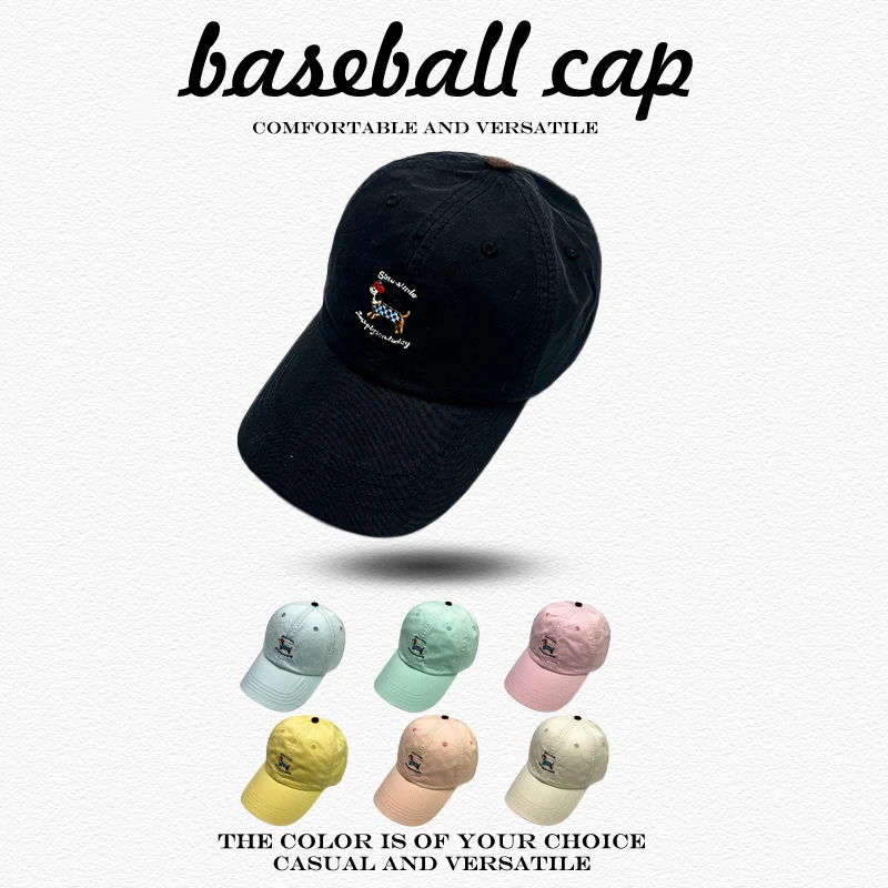 Neue Damen-Baseballkappen mit Sonnenschutz, karierten Riemen, vielseitig, niedlich, modisch, lässig, mit Cartoon-Stickerei und Würstchenhund-Motiv