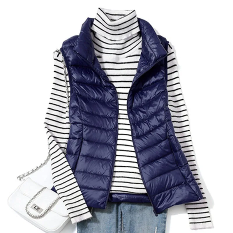 Ultra leve para baixo colete feminino colete curto à prova de vento leve quente feminino sem mangas pato branco para baixo casaco jaquetas