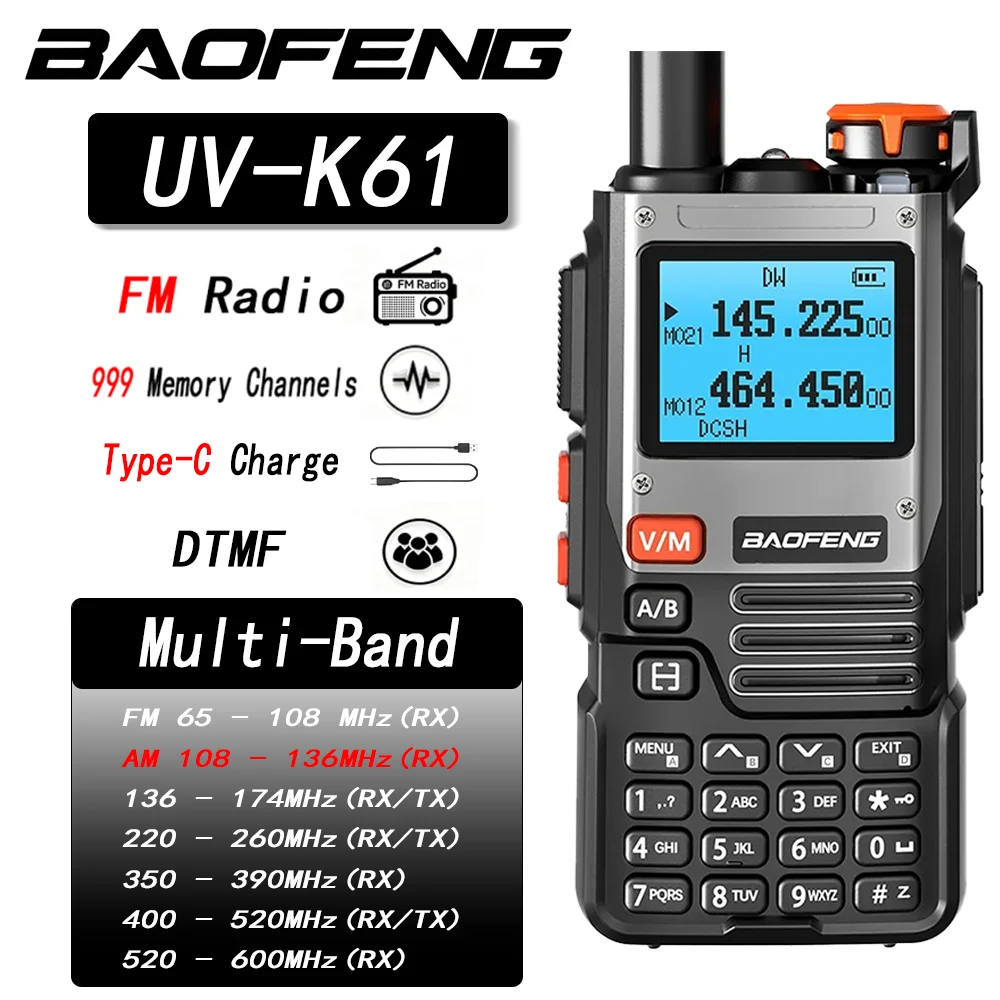 วิทยุสื่อสาร Baofeng UV K61 แบบหลายย่านความถี่  คัดลอกความถี่ไร้สาย 999 ช่องสัญญาณ  แบบ Type-C  DTMF ระยะไกล  NOAA  UV-5R UV K6 K5(8) วิทยุสมัครเล่น