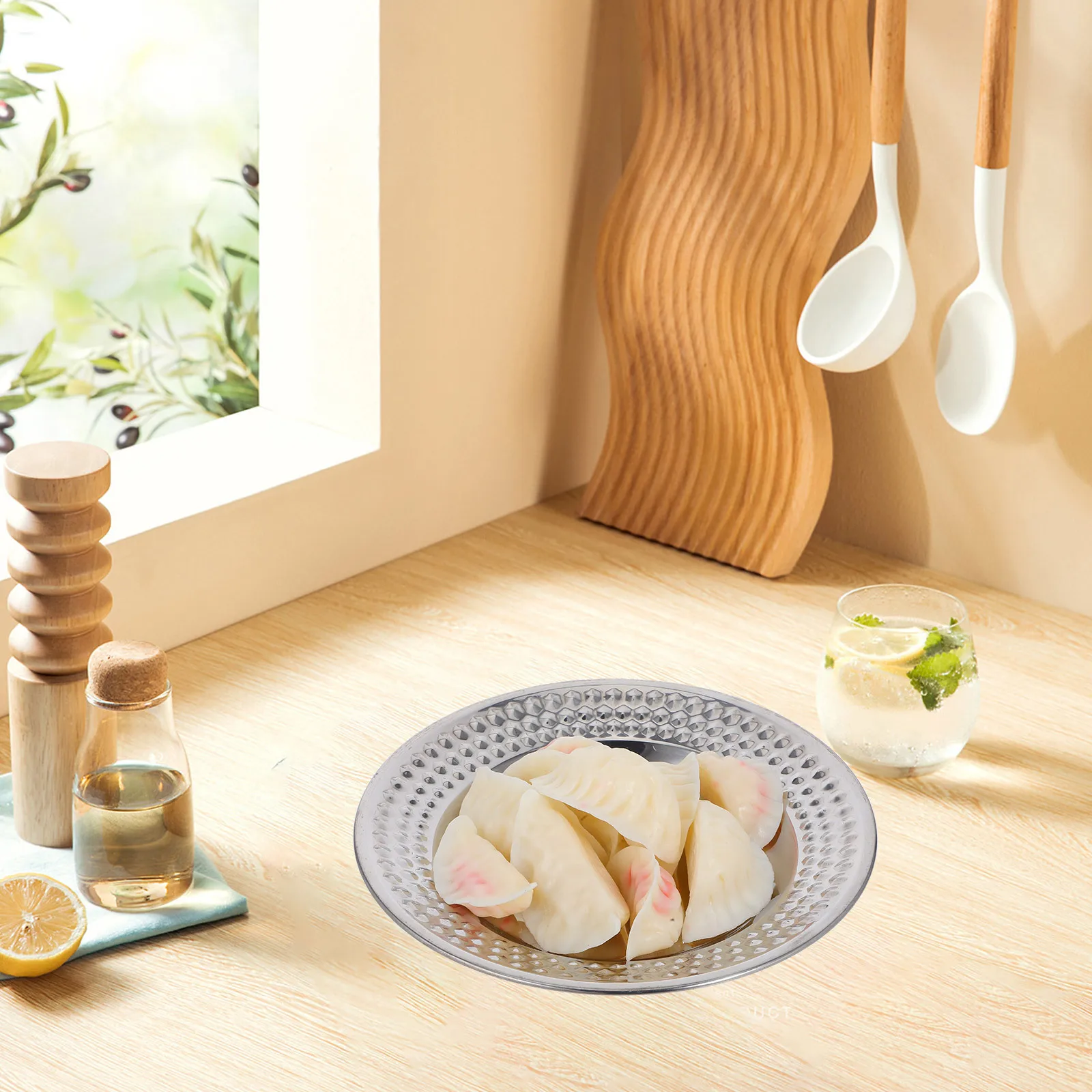 

1pcs Stainless Steel Round Platter Hammered Design Serving Tray For Desserts Cupcakes Appetizers Party Events Cake Stand