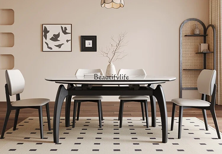 

French retro retractable round solid wood rock slab dining table high-grade square and round dual-purpose