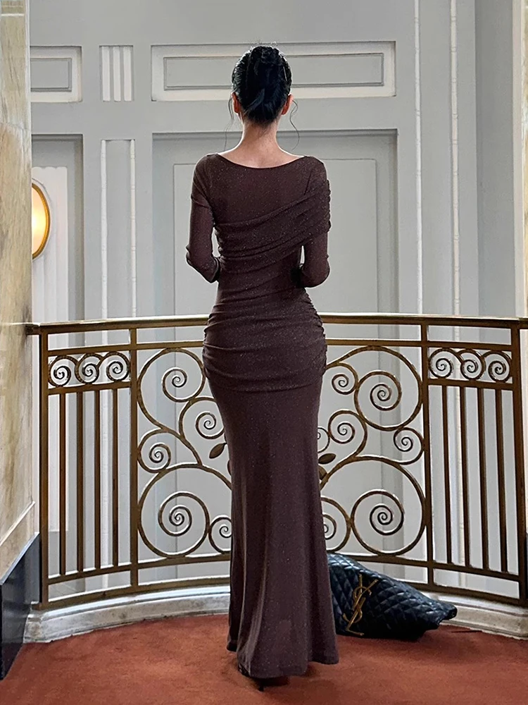ReddaChic Abito da festa scintillante in maglia per donna Abito da sera aderente a sirena semi-trasparente con scollo a barca e maniche lunghe