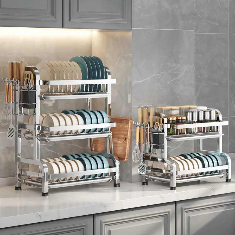 Stainless steel kitchen dish rack Multi-functional draining and storage rack Countertop for chopsticks, plates, bowls, and dish
