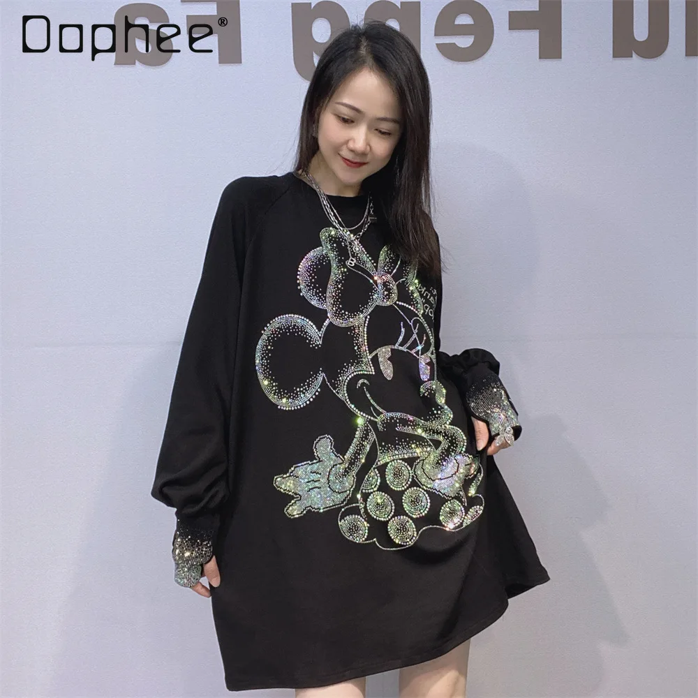 

Oversized T-Shirt Women's Round Neck Rhinestone Top Long Sleeve Loose Black Top Fall Winter Trendy Sweet Cartoon Tee Vintage