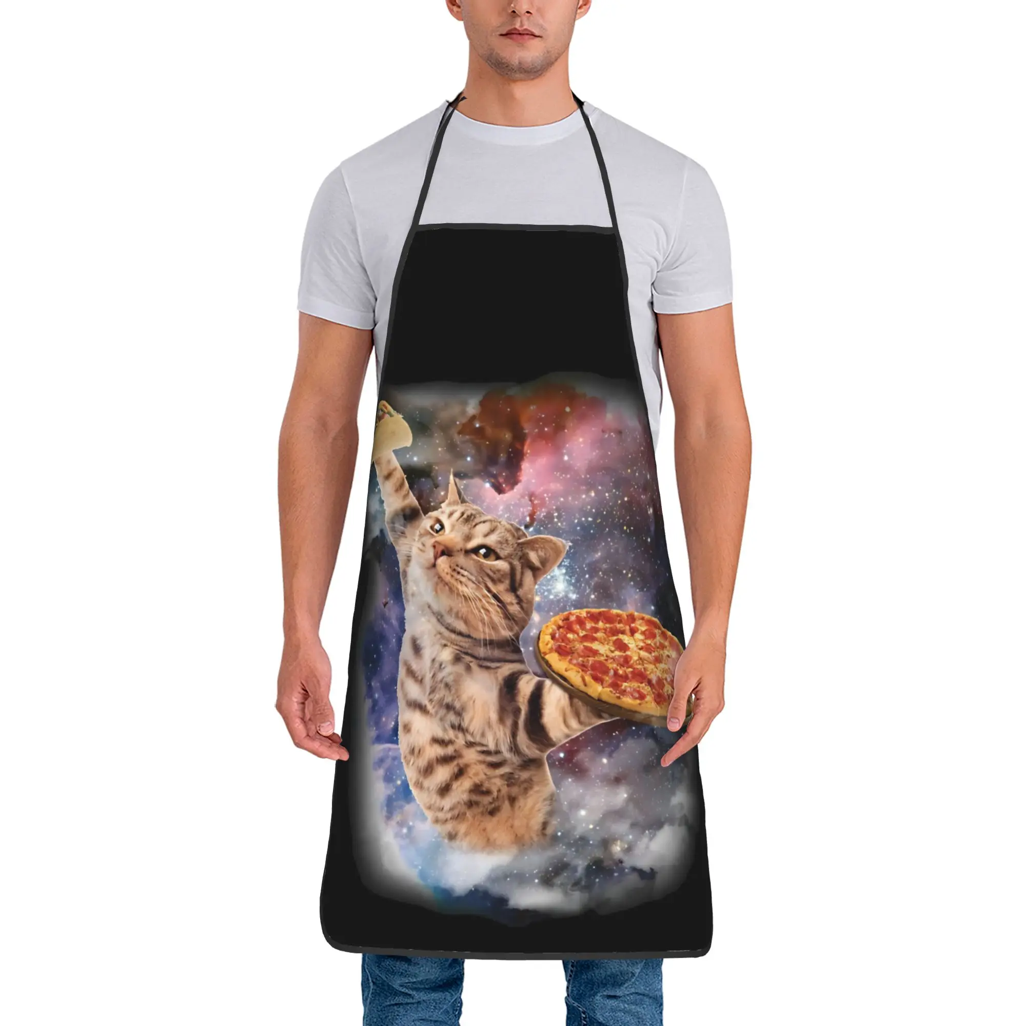 Outer Space Pizza Cat Galaxy Bib Apron Unisex Polyester Funny Cooking Adult Oil-Proof Breathable Accessories Baking