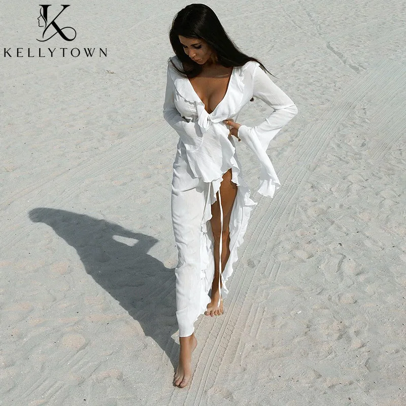 

2026 Ruffles White Cover Up Long Sleeve Blouse V Neck Sheer Chiffon Cover Up Dress Sexy Beach Outfits Long Party Black Tops