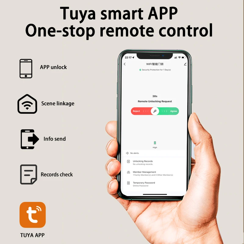 Tuya Wifi Electronic Smart Door Lock With Biometric Fingerprint / Smart Card / Password / Key Unlock/ USB Emergency Charge