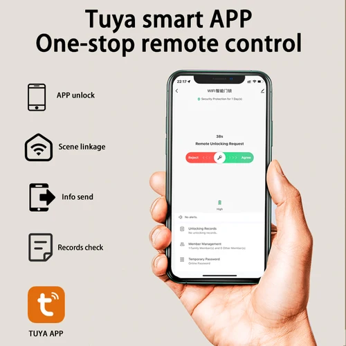 Imagen 2 del producto Cerradura de puerta inteligente electrónica Tuya Wifi con huella dactilar biométrica/tarjeta inteligente/contraseña/desbloqueo de llave/carga de emergencia USB