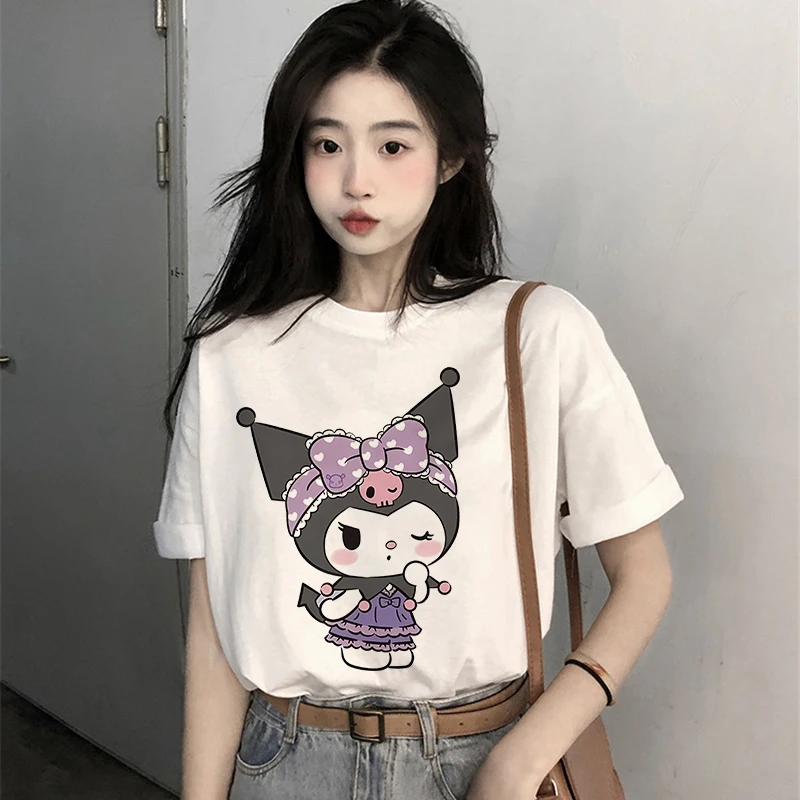 Kuromi T-shirt Women Cotton Fashion Tees Shirts Kawaii Sanrio Melody Cartoon Oversize Harajuku Casual Clothes Streetwear Y2K Top