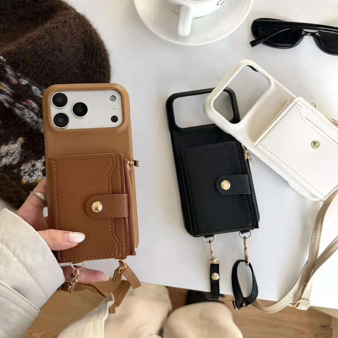 

Luxury Crossbody Strap Leather Card Slot Wallet Case For iPhone 12 13 14 15 16 17 Pro Max Plus Purse Phone Cover With Zipper Bag