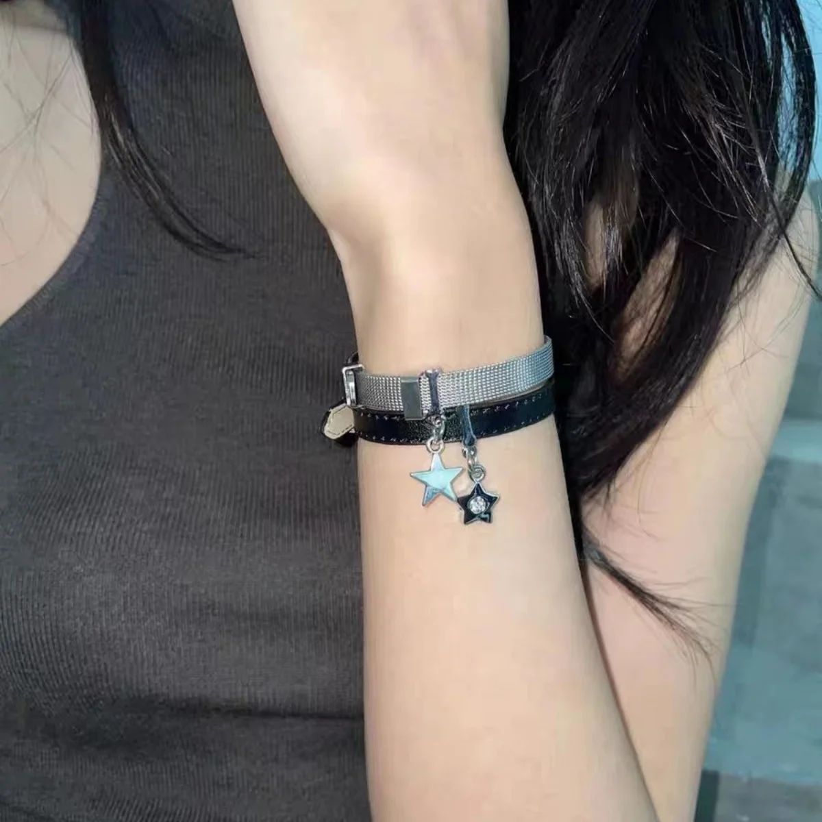 الفولاذ المقاوم للصدأ Y2K دلاية شكل نجمة حزام على شكل أساور للنساء الرجال Harajuku الشرير كول المعادن الخماسي أساور العصرية مجوهرات
